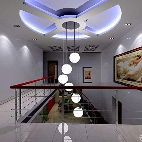 HXFFXHF Escaliers Modernes Long Lustre Lustre Minimaliste pour Salon Duplex pavillon Lustre Villa Multi Boules de Verre Long Lustre Mode créatif Restaurant Lustre 5|6 pièces Verre Blanc fabriqué en