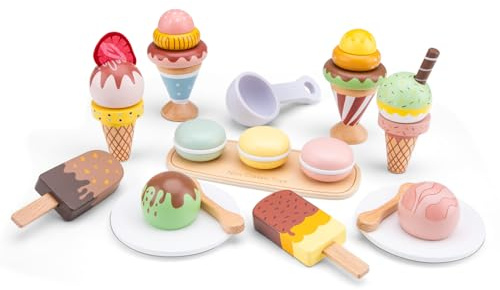Woet® Wooden Toy Ice Cream Parlour Set, 26 Pieces | Wooden Play Food, Ice Cream Toy, Cones, Macarons & Ice Lollies, Pretend Kitchen Toy, Kitchen Accessories, Age 3 Years+