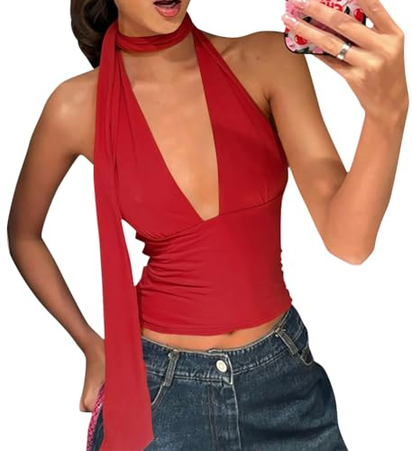 ORANDESIGNE Neckholder Top Damen Sommer Halter Tank Tops V-Ausschnitt Y2K Crop Tops Sexy Ärmellos Oberteil A Rot S