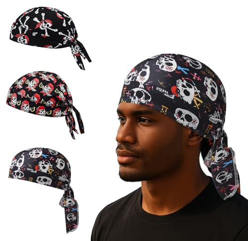 FREECOZYER 3Pcs Pirate Bandana Cooling Skull Cap for Men Breathable Cycling Caps Quick Dry Helmet Liner Sweat Absorbing Headscarf for Halloween Costume Party Black