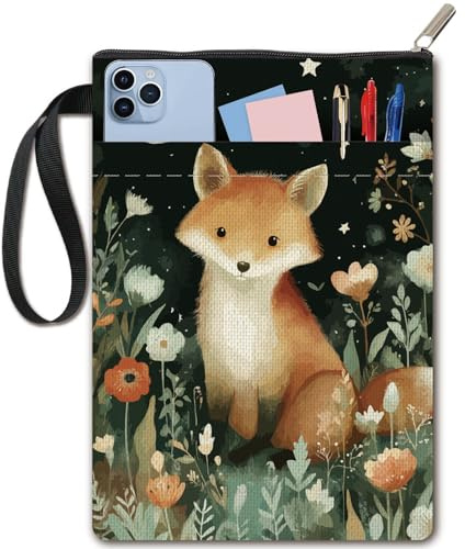 craspire Housse de Protection pour Livre Motif Renard Motif Lune Motif Fleur pour Livre de Poche Couverture Rigide Lavable avec Fermeture Éclair et Pochette Supplémentaire Idéale pour Les Amoureux