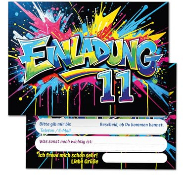 Junaversum 12 Einladungskarten zum 11. Kindergeburtstag Graffiti Junge Mädchen Kinder coole bunte Einladungen elfte Geburtstag Geburtstagseinladungen Kids
