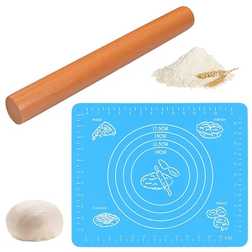 1 Nudelholz Holz, 1 Teigroller mit Backmatte, 30 cm Nudelholz klein, 29 x 26 cm Backmatte, Teigroller für Pizza, Kekse, Kuchen, Fondant