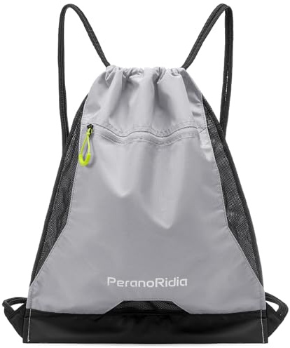 PeranoRidia Sac à Dos à Cordon Imperméable pour Hommes/Femmes, Sac de Sport Léger pour Gym, Plage, Natation, Randonnée, Course à Pied & Cyclisme, Anti-Taches, Noir/Gris/Vert 36x45x7cm
