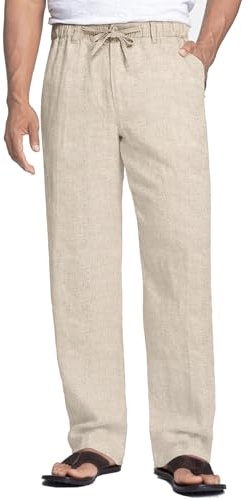COOFANDY Pantalon en Lin Homme Été, Pantalon de Plage Léger et Respirant, Taille Élastique avec Cordon, Style Décontracté Coupe Droite Kaki A L