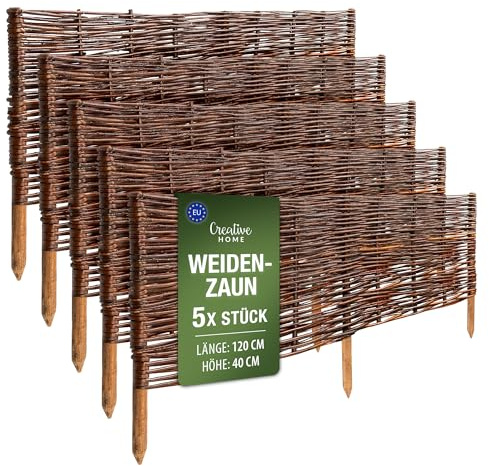 Creative Home Beeteinfassung Weide Weidenzaun 5er Set 120 x 40 cm (+/-1cm) | Gartenzaun Beetumrandung Steckzaun | Rasenkante Beetbegrenzung | Dekorativer Zaun Garten