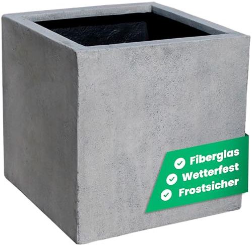 VIVANNO Pflanzkübel Fiberglas Block Frostsicher - 50x50x50 cm - Grau | Wetterfester Blumenkübel im Beton-Design, quadratisch als Würfel für Garten und Innenbereich, 125 Liter Volumen