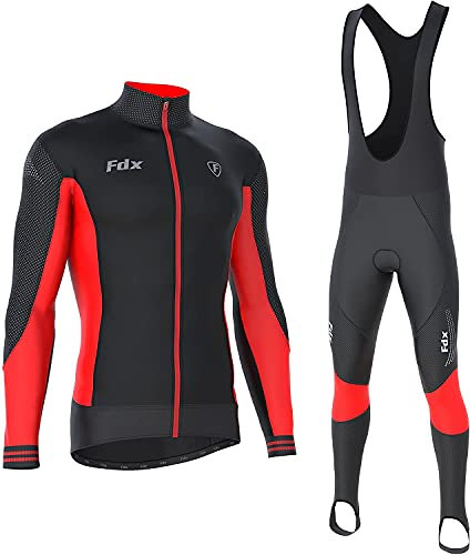 FDX Herren Thermodream Fahrradanzug mit Handschuhen, Socken, leicht, Thermisch, Winddicht, Super Roubaix Fahrradbekleidung Set Langarm Jersey 3D Gepolstert Bib Tight für Fahrradfahren(schwarz/Rot, L)