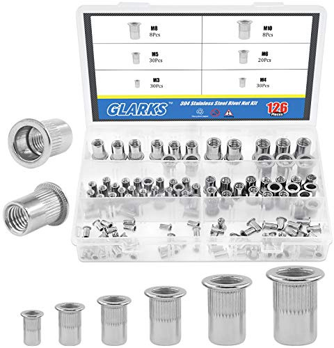 Glarks 126 piezas de acero inoxidable 304 M3 M4 M5 M6 M8 M10 cabeza plana roscada remache inserto tuerca remache kit surtido