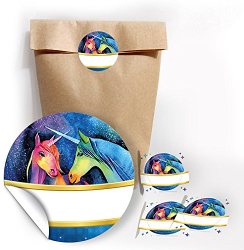 12 bunte Party-Tüten mit 12 Aufkleber für Geschenke oder Mitgebseln beim Kindergeburtstag zwei Einhörner / Hochzeit/Geburtstag/Kinderfest/Papier-Tüten für Geschenkverpackung