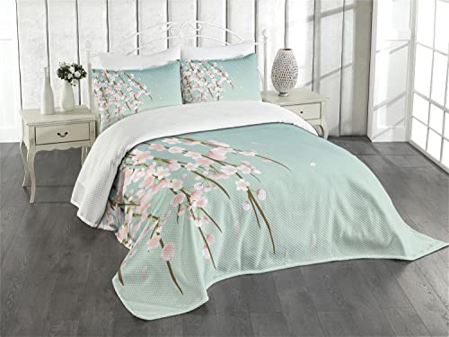 ABAKUHAUS Weeping Blume Tagesdecke Set, Kirschblüte, Set mit Kissenbezügen Sommerdecke, für Doppelbetten 264 x 220 cm,Babyblau Hellrosa und Taupe