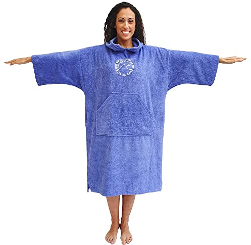 SwimCell Towelling Changing Robe For Men and Women. 100% Cotton Towel Poncho 380gsm. Long Sleeve, Pocket, Side Holes & Hood For Open Water Swimming, Beach & Surf - Medium, Lilac Blue