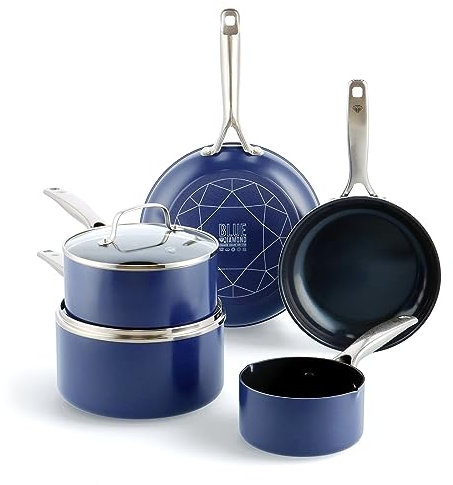Blue Diamond Cookware Diamantstruktur Keramik Antihaft, 7-teiliges Topf- und Pfannenset,Enthält Bratpfanne Stielkasserolle Milchpfanne,PFAS-frei,Induktion,Spülmaschinenfest,Backofenfest bis 200°C,Blau
