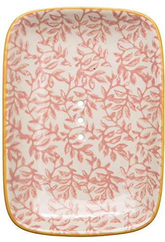 Tranquillo Eckige Seifenschale Floral, mit abgerundeten Ecken aus Steingut mit Löchern für den Wasserablauf 13,5 x 9,5 x 2 cm
