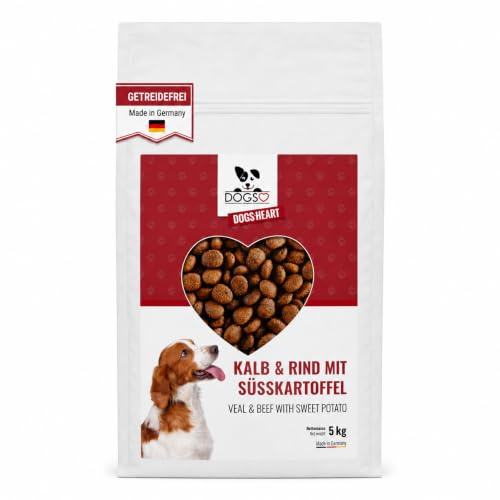 DOGS-HEART Hundefutter Getreidefrei Kalb & Rind 5kg | Premium Trockenfutter mit 26% Kalb, Rind & Süßkartoffel. Getreidefrei, große Kroketten für große Hunde. Made in Germany.