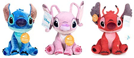 STITCH Lilo&Stitch - Pack 3 Peluches 11'41/29cm, Angel y Leroy (Azul, Rosa y Rojo) con Sonido. Calidad Super Soft