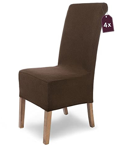 Scheffler Home Stuhlhussen Braun 4er Set Sofia – Stretch Stuhlbezüge für Esszimmerstühle und Polsterstühle – Waschbar, Oeko-TEX® Zertifiziert