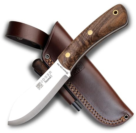 Joker Jokermesser Nessmuk S CN132-P, Griff aus Nussbaumholz, 11 cm. Klinge Sandvik 14C28N, mit brauner Lederscheide und Feuerstein, Werkzeug zum Fischen, Jagen, Campen und Wandern