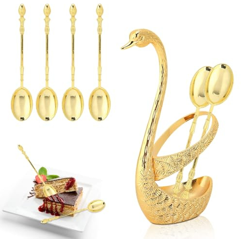 6 Pièces Cuillères à Café Cygne, Cuillère de Service à Soupe avec Support en Acier Inoxydable Ensemble de Cuillères à Dessert Café avec Porte Forme de Cygne Ustensiles pour Comptoir (Or)