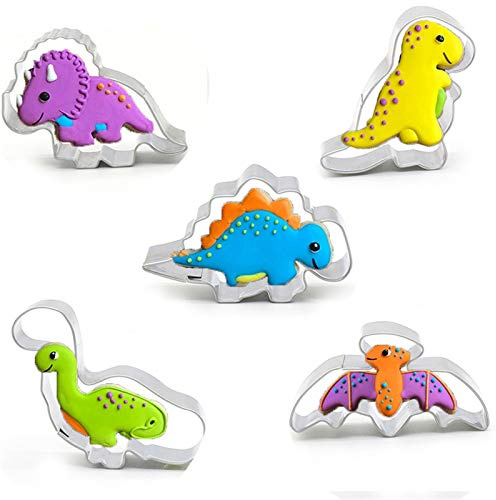 DUBENS Juego de 5 moldes de mini dinosaurios para galletas de acero inoxidable, forma de dibujos animados, herramienta para fondant, galletas, pasteles, hornear, molde divertido para niños