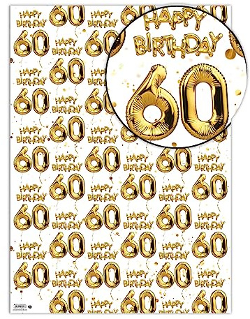 Brainbox Candy - 2 Blätter lustiges Geschenkpapier zum 60. Geburtstag - Weißgold Ballonfolie - 60 Geschenkpapier für Ihn Ihre Männer Frauen 60 Geburtstagsgeschenke - gefaltete Qualitätsschlaf