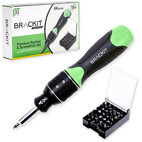 Brackit 2 in 1 Ratchet and Screwdriver with Bits 32 Piece Set - Dual Drive 6X Faster Than Regular Screwdrivers - Handy, Efficient and Durable Ratcheting Screwdriver Set for DIY and Installation Jobs