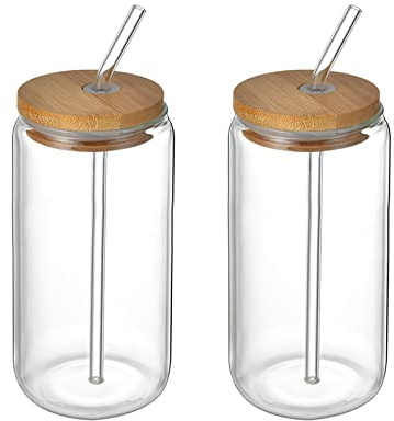 Julyue Bierdosen-Glas mit Bambusdeckel und Strohhalm, 395 ml, wiederverwendbare Glasbecher, Cola-Dose, Glas für Smoothies, Tee, Cola, Saft, Limo, 2 Stück