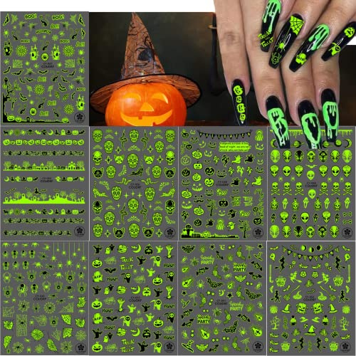 Kalolary 9 Blatt Halloween Luminous Nail Stickers, 3D Halloween Nail Art Aufkleber Abziehbilder Glow in Dark Selbstklebende Halloween Kürbis Spinne Nagel Aufkleber für Nail Art DIY Dekoration (A) | 3D Halloween Nail Art Aufkleber Abziehbilder Selbstklebende Halloween Kürbis Spinne Nagel Aufkleber Nail Art DIY Dekoration-A