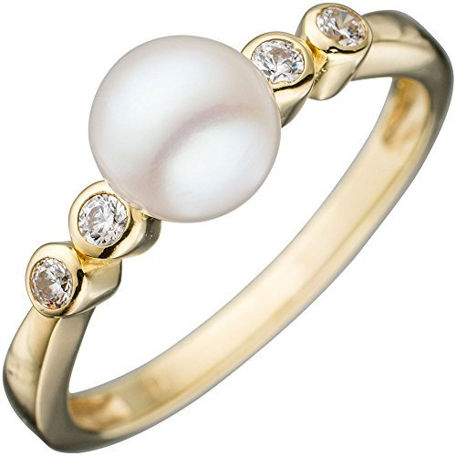 Ring Damenring Goldring mit weißer Perle & Zirkonia 333 Gold Gelbgold Perlenring, Ringgröße:Innenumfang 60mm ~ Ø19.1mm
