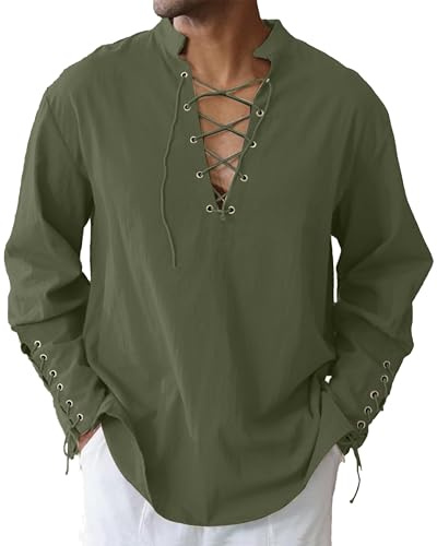 LVCBL Camicia Uomo Cosplay con Lacci Stile Antico Verde Verde Militare 2XL