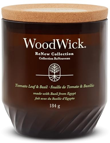 WoodWick ReNew Duftkerze mit knisterndem Docht | Mittelgroße Kerze in Tomato Leaf & Basil | PflanzlicheSoja-Kokosnuss-Wachsmischung | Hergestellt aus recycelten Materialien | Geschenke für Frauen