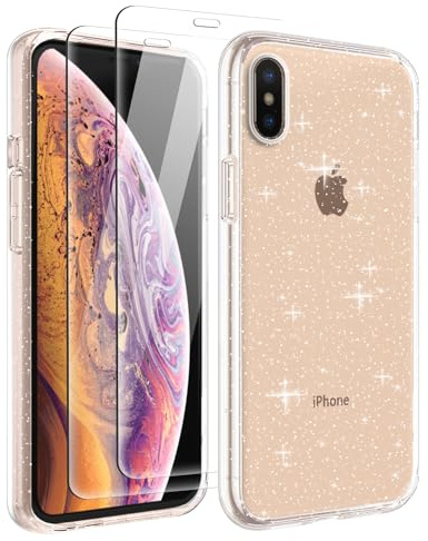 Tikgue Hülle für iPhone X/iPhone XS mit 2 Stück Schutzfolie，Handyhülle Glitzer Transparent Silikon Stoßfeste Schutzhülle Slim Weich TPU Case Kompatibel mit iPhone X/iPhone XS - Clear
