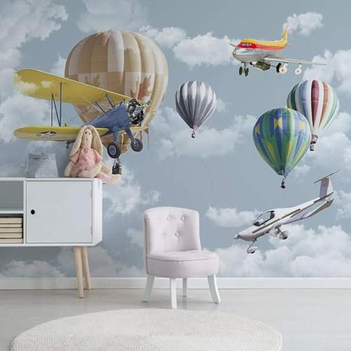 Papel Tapiz Fotográfico 3D Avión Globo Dibujos Animados Niños Dormitorio Guardería Cartel Mural Fondo Pared Pintado Papel Tapiz 3D Decoración Dormitorio Fotomural Sala Mural-430cm×300cm