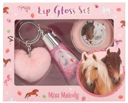 Depesche 12941 Miss Melody – läppglans-set i hästdesign för barn, 2 glosser med fruktiga dofter, inklusive plyschhänge, rosa