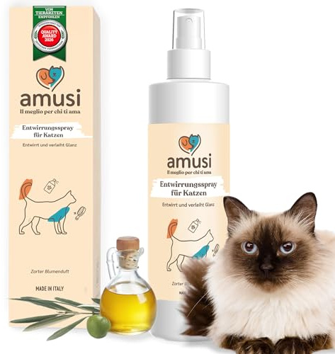 amusi Katzen Haar Entwirrungsspray 250 ml 100% Natürlich und Vegan - Entwirrt und löst Katzenknoten - Macht das Fell weich und glänzend - Kein Ausspülen erforderlich und duftet. Für alle Fellarten