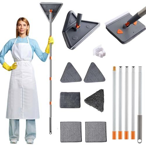 Vadrouille de Nettoyage Rotative à 360°, Balai Plafond Triangulaire avec 208cm Longue Poignée, avec Grattoir, avec 6 Microfibre Chenille Pads, Balai Nettoyage pour Plafond, Vitre, Sol, Mural