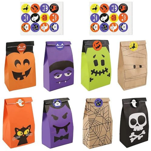 Wnddle Halloween Süßigkeiten - 24 Stück Süßigkeitsbeutel Mit Aufkleber, Mini Papier Geschenkbeutel, Tüten Goodie Taschen für Partygeschenke Candy Snack Bag Dekoration