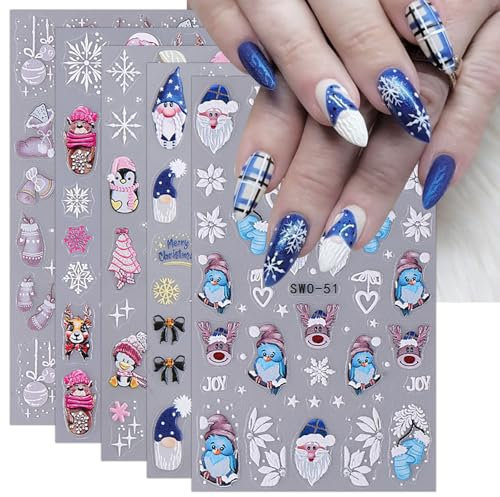 JMEOWIO Nagelsticker Weihnachten 6 Blatt Nail Art Sticker Selbstklebend Nagelaufkleber Schneeflocke Winter Urlaub Süß Dekoration Nageldesign Zubehör