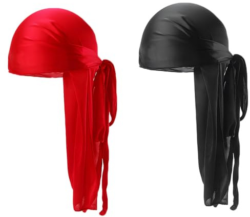 Aurasky Pirat Kopftuch Tail Langem, 2 Stück Unisex Piraten Bandana, Piraten Hut Kopftücher Piratentuch, Piratenmütze Piratenkappe Durag für Karneval Halloween Cosplay, Schwarz und Rot