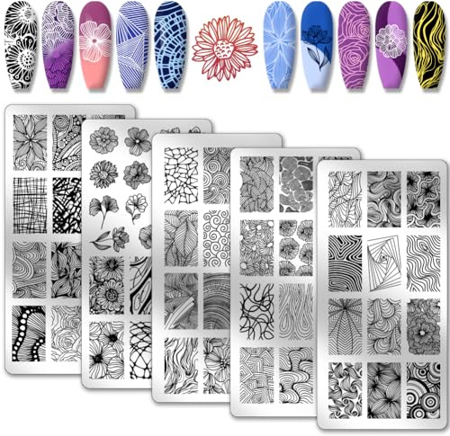 PH PandaHall 5pcs Linie Textur Nail Art Schablonen, 68 Muster Blume Nagel Stamping Platte Mix Design Nail Art Schablonen Edelstahl Nagelbildschablonen für Nageldesign Druck Maniküre Salon Frühling