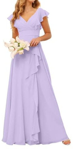 Vestidos de dama de honor de gasa plisados para mujer, cuello en V, vestidos formales de noche, vestidos de ceremonia, vestidos de fiesta y sin espalda, Lila, 42