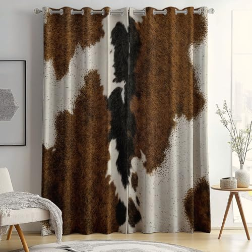 Cow Print Blackout Curtains W 46 x L 72 (2 Panels), Brown White Cowhide Pattern Thermal Eyelet Curtains, Room Darkening Noise Reducing Window Drapes for Bedroom Living Room Farmhouse Decor