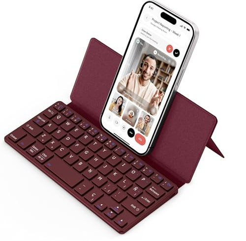 CACOE Mini Plegable Teclado Bluetooth para iPad con Soporte, Burdeos | [Español] Teclado Ultrafino Plegable, Doble Canal con Soporte de Posición, para Smartphone Y Más iOS, Android, Windows