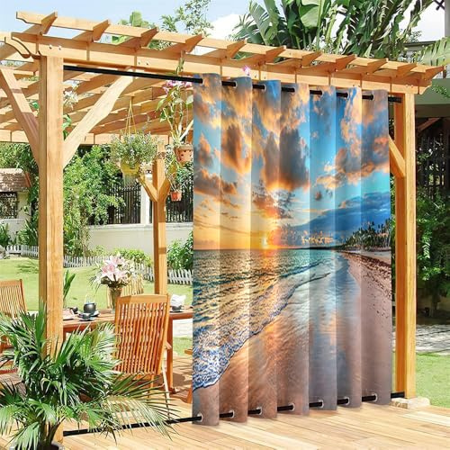 Hixingo Tenda da Esterno Impermeabile Antivento con Anelli Superiore e Inferiore, Tende per Esterni Isolamento Termico, per Giardino Patio Gazebo, Stampa 3d del Mare (Tramonto,140x175cm)