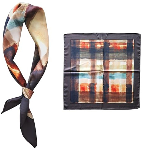 GIMIRO Silke imitation scarf 53 x 53 cm för män, fyrkantiga halsdukar, eleganta, vintage, blommig, våg prick rand, Kaffe orange gul grön pläd, 53x53