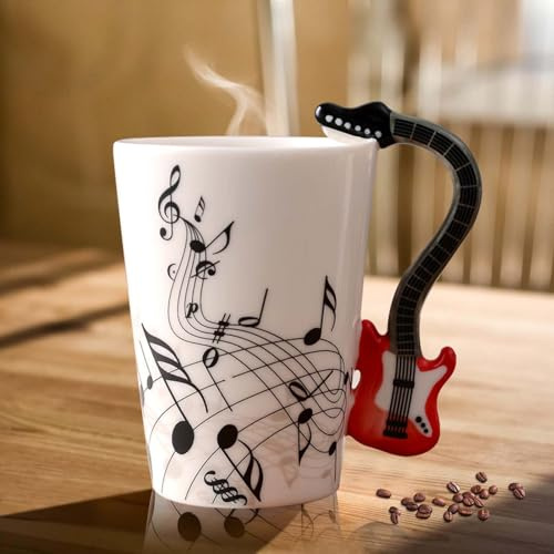 Taza de café de cerámica con asa de guitarra eléctrica, nota musical impresa, taza de té de regalo, taza de cerámica, taza de café para amantes de la música, regalo de música, 250 ml, rojo