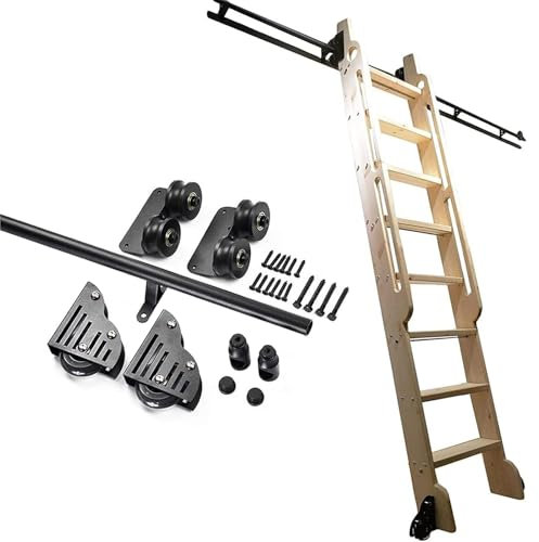Schiebeleiter-Bausatz, Bibliotheks-Hardware-Bausatz mit Rollschiene und Bodenrollen, Schwarz (12 Fuß/366 cm)