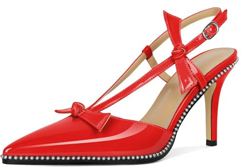 Mettesally Slingback Donna con Fiocchi Eleganti e con Perline Lucide – Scarpe con Tacco Alto per Cerimonie, Ufficio, Serate e Abbinamenti Quotidiani 9cm Rosso EU35