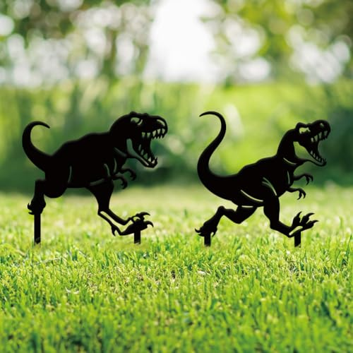 SUPERDANT 2Pcs Decoration Jardin Exterieur Tyrannosaurus Rex Ornement en Forme de Dinosaure Silhouette Noire Décoration Fer Forgé pour Jardin Jurassique Piquets