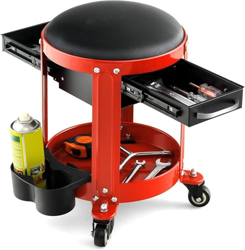 FANTASK Tabouret de mécanicien Roulant avec 2 tiroirs, Porte-canettes, étagère et siège Amovible, Charge maximale de 150 kg